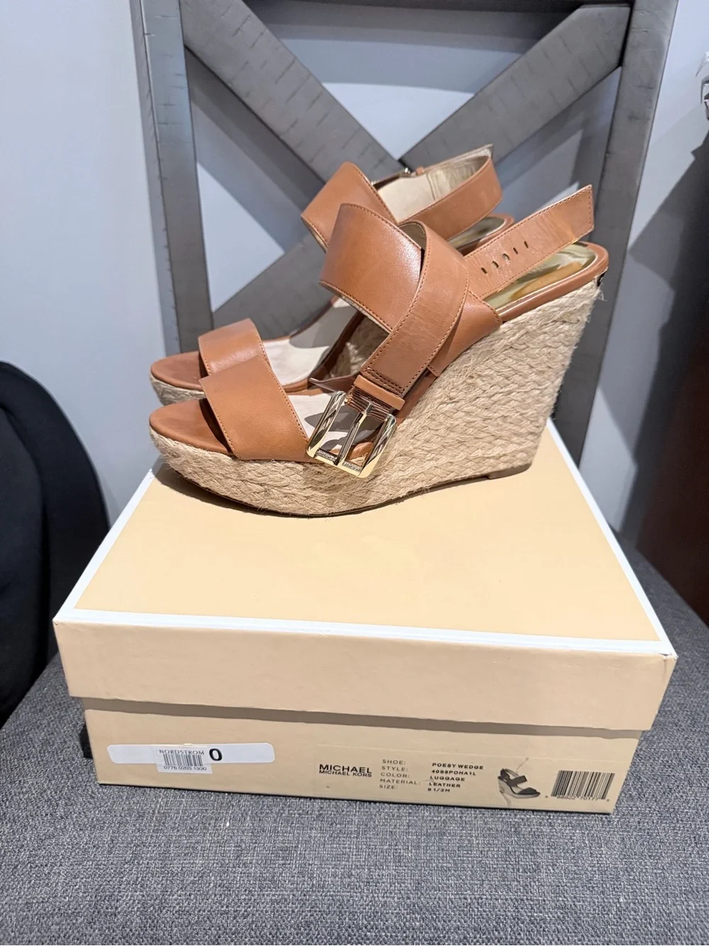 Michael Kors Cognac Leather Espadrille Wedge Sandals